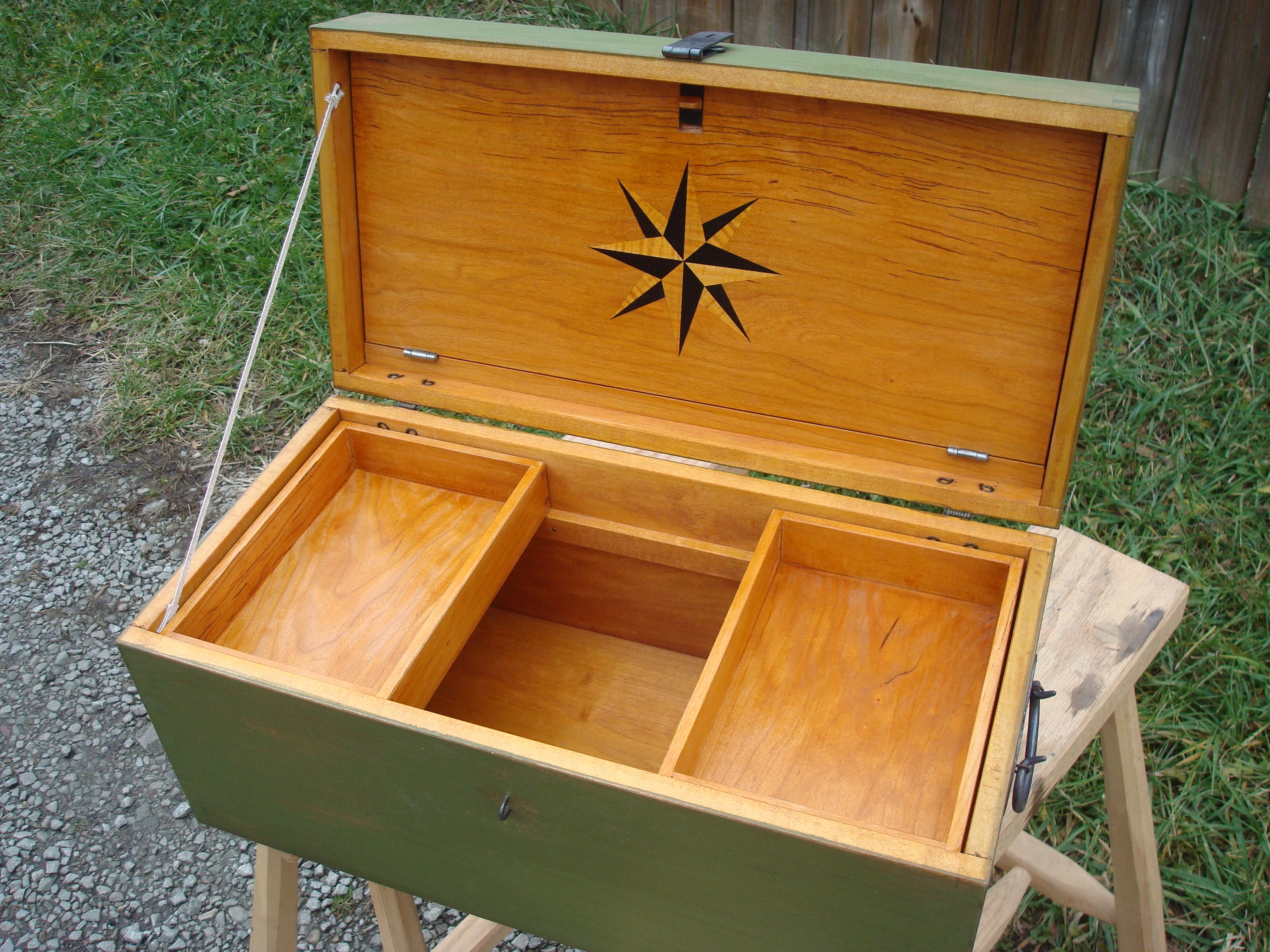 Painted box with tills and drop down compartment in the lid